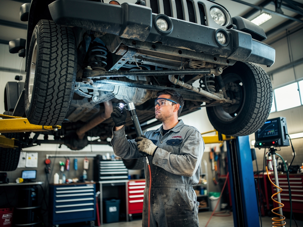 Mechanic inspecting Jeep Wrangler front suspension track bar