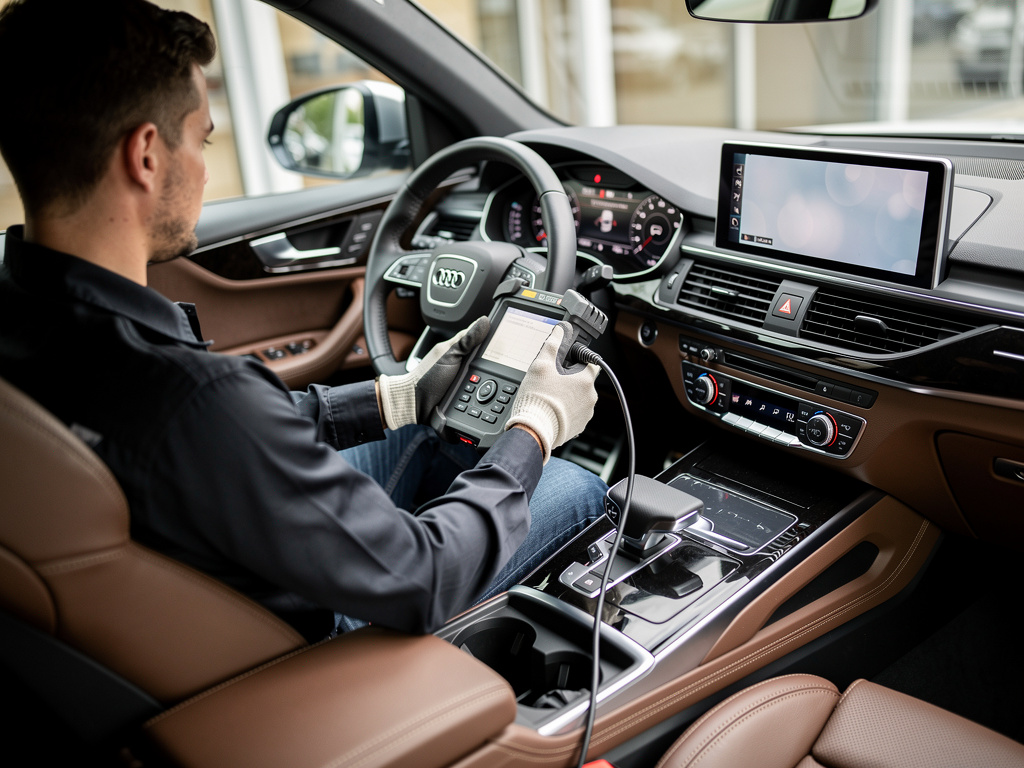 Mechanic using diagnostic scanner on a luxury SUV dashboard