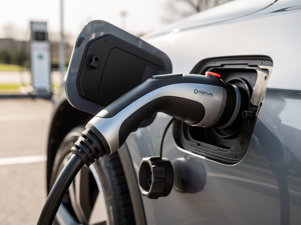 DC fast-charging cable connected to a premium electric SUV
