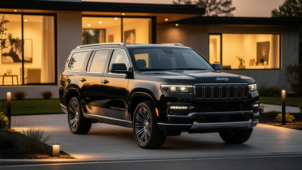 Jeep Grand Wagoneer in an upscale driveway at dusk