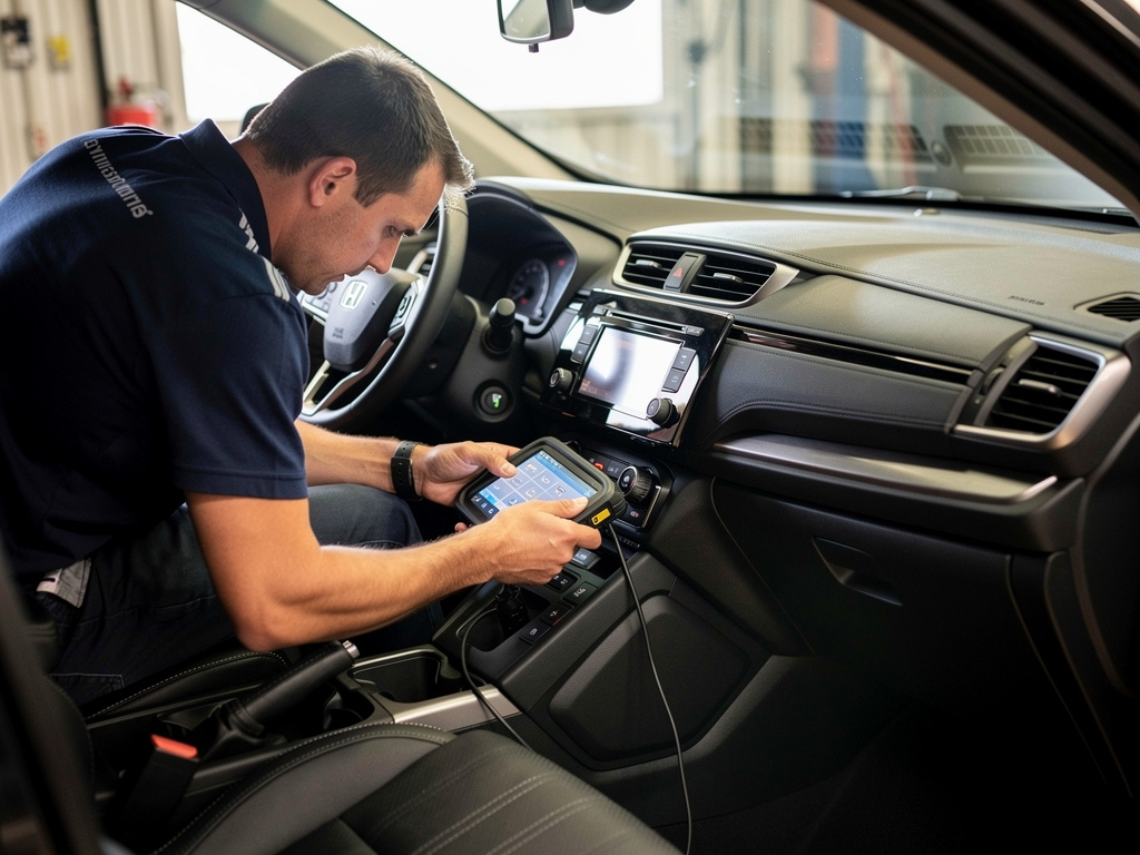 Mechanic using OBD diagnostic scanner on a Jeep Compass